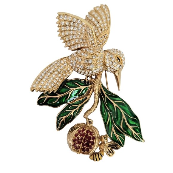 Gold Tone Rhinestone Hummingbird, Apple, Bee Brooch Statement, Signed M178